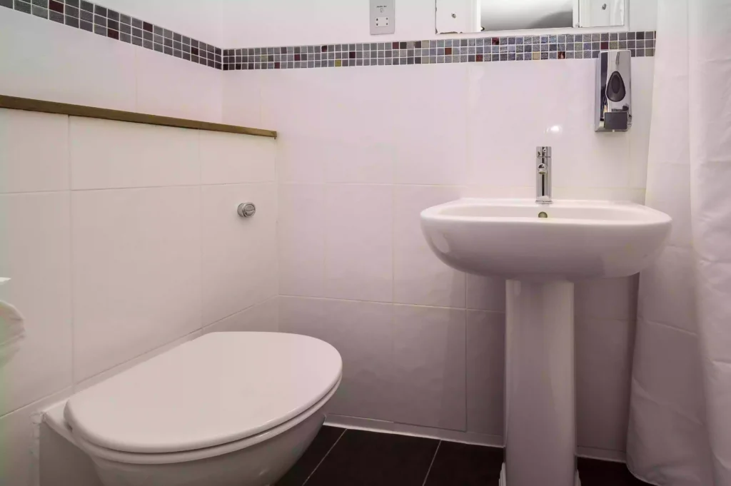 Cozy bathroom in the Mentone Hotel with a toilet and pedestal sink