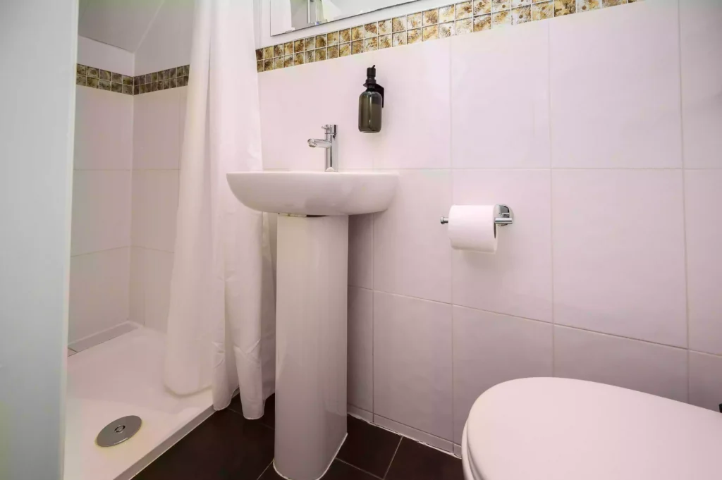 Small bathroom at the Mentone Hotel with a pedestal sink and toilet